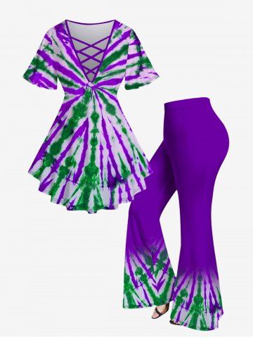 Plus Size Tie Dye Printed Crisscross V Neck Short Sleeve T-Shirt and Flare Pants Outfit - PURPLE