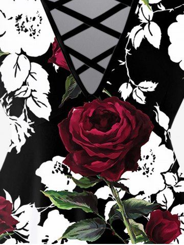 Plus Size Rose Leaves Printed Crisscross Short Sleeve T-Shirt and Flare Pants Outfit