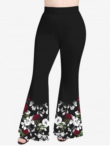 Plus Size Rose Leaves Printed Crisscross Short Sleeve T-Shirt and Flare Pants Outfit