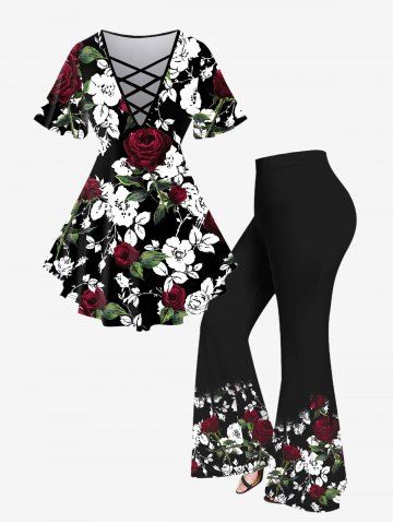 Plus Size Rose Leaves Printed Crisscross Short Sleeve T-Shirt and Flare Pants Outfit - BLACK