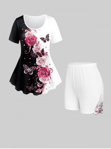 Rose Butterfly Printed Two Tone Tee and Embroidered Floral Lace Panel Short Leggings Plus Size Outfits