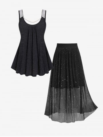Chain Sequins Backless Metal Tank Top and Pleated Pull On Midi Skirt Plus Size Summer Outfit - BLACK