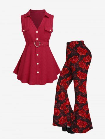 Sleeveless Buttons Heart Buckle Belt Shirt and Floral Flare Pants Plus Size Summer Outfit