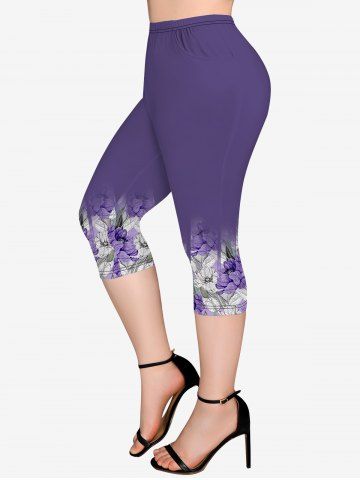 Plus Size Flower Print Pockets Capri Leggings - PURPLE - 5X