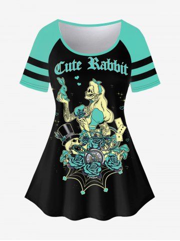 Gothic Skull Flower Rabbit Print Raglan Shoulder Short Sleeve T-Shirt
