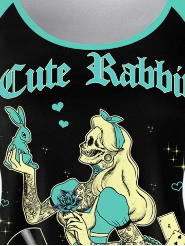 Gothic Skull Flower Rabbit Print Raglan Shoulder Short Sleeve T-Shirt