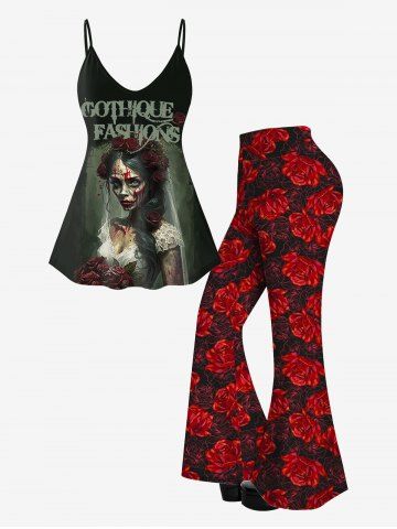 Gothic Flower Blood Bride Print Cami Top And Gothic Flower Print Flare Pants Gothic Outfit
