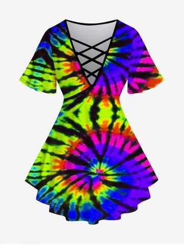 Plus Size Tie-Dye Crisscross Short Sleeve T-Shirt - MULTI - 3X | US 22-24