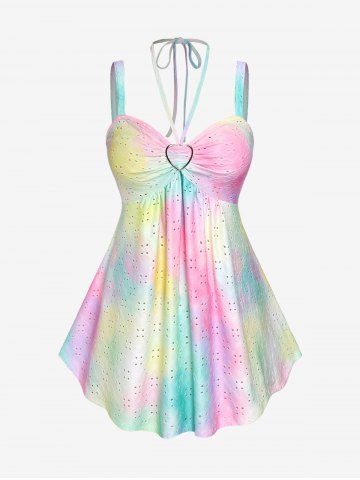 Plus Size Broderie Anglaise Halter Backless Tie Dye Tank Top