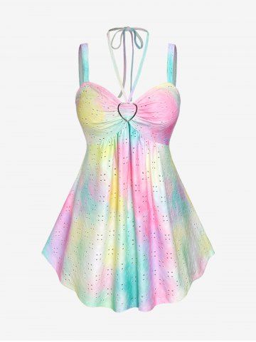 Plus Size Broderie Anglaise Halter Backless Tie Dye Tank Top - MULTI - 3X | US 22-24