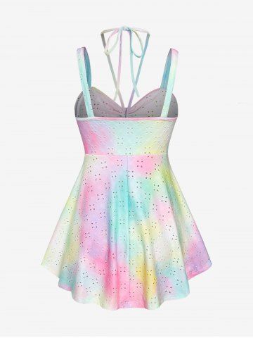 Plus Size Broderie Anglaise Halter Backless Tie Dye Tank Top