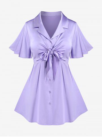 Plus Size Lace Up Ruched Buttons Butterfly Sleeves Blouse - PURPLE - M | US 10