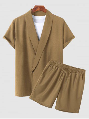 Solid Collar Single Button Shirt and Casual Shorts Set - COFFEE - L