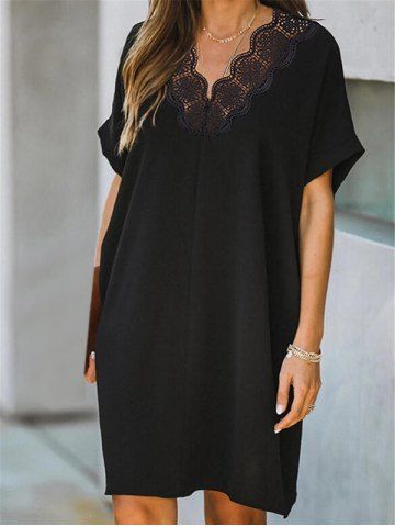 Hollow Out Butterfly Solid Color Lace Panel Short Sleeve Dress - BLACK - M