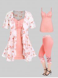 Floral Tie Blouse and Cami Top Set and High Waist 3D Print Capri Skinny Leggings Plus Size Summer Outfit -  