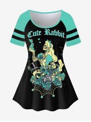 Gothic Skull Flower Rabbit Print Raglan Shoulder Short Sleeve T-Shirt -  