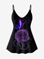 Plus Size Flower Butterfly Glitter Print Cami Top (Adjustable Shoulder Strap) -  