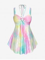 Plus Size Broderie Anglaise Halter Backless Tie Dye Tank Top -  