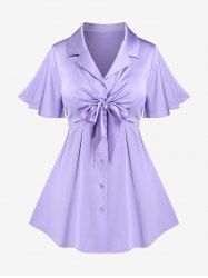 Plus Size Lace Up Ruched Buttons Butterfly Sleeves Blouse -  