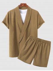 Solid Collar Single Button Shirt and Casual Shorts Set -  