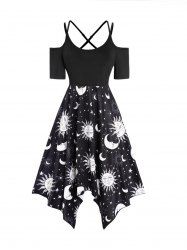 Celestial Sun Moon Star Print Cold Shoulder Crisscross Asymmetric Midi Dress -  