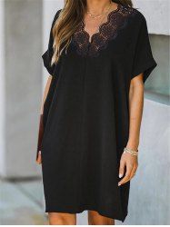 Hollow Out Butterfly Solid Color Lace Panel Short Sleeve Dress -  