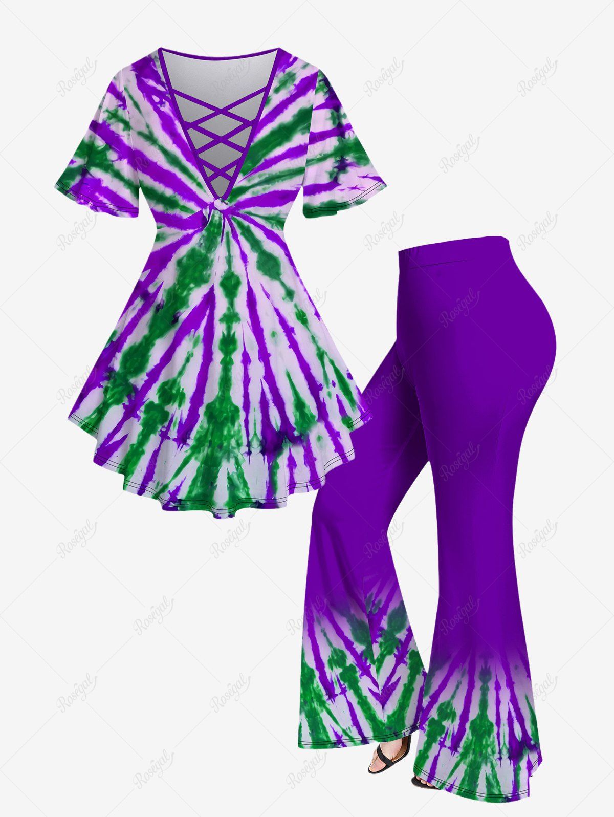 Latest Plus Size Tie Dye Printed Crisscross V Neck Short Sleeve T-Shirt and Flare Pants Outfit  