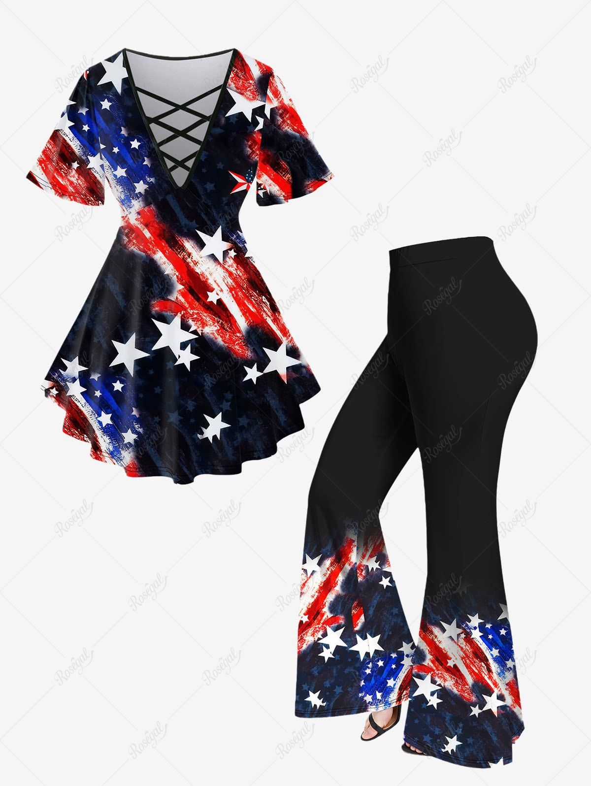 Trendy American Flag Printed Crisscross Short Sleeve T-Shirt and Flare Pants Plus Size Matching Set  
