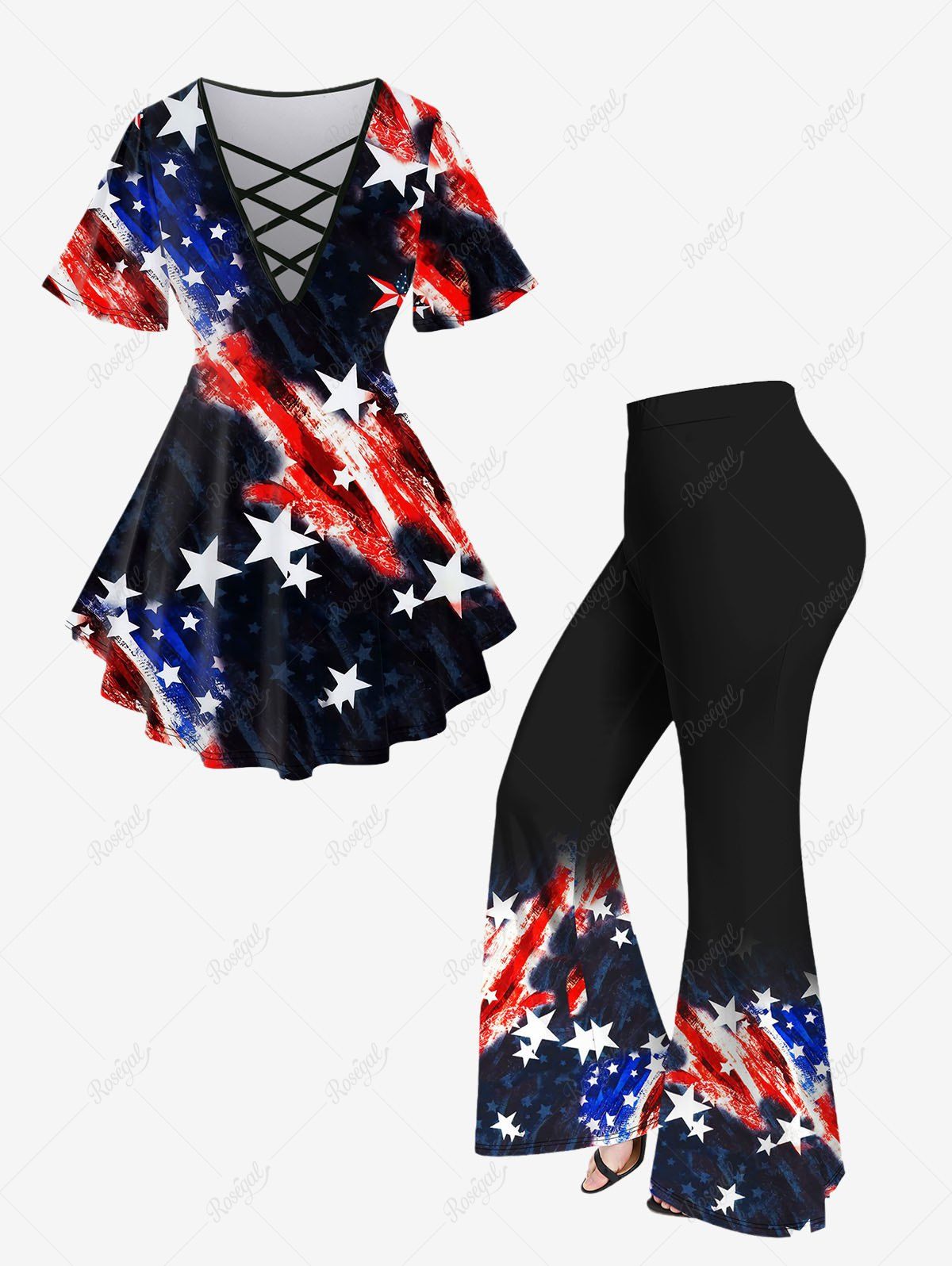 Trendy American Flag Printed Crisscross Short Sleeve T-Shirt and Flare Pants Plus Size 70s 80s Outfit  