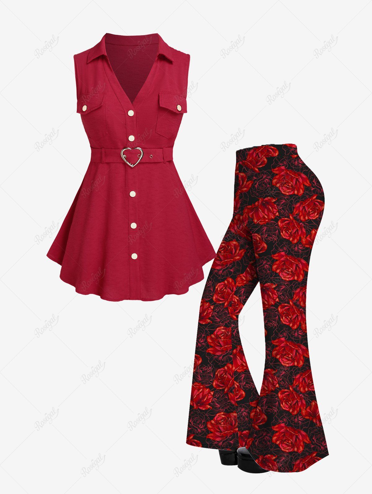 Pantalon Évasé Ceinturé avec Boutons et Cœur Bouclé Floral Grande Taille Rouge 