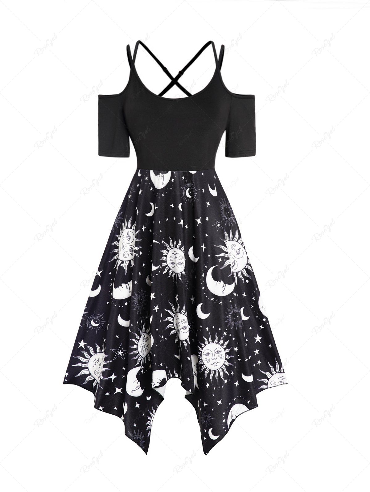 Chic Celestial Sun Moon Star Print Cold Shoulder Crisscross Asymmetric Midi Dress  