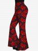 Pantalon Évasé Ceinturé avec Boutons et Cœur Bouclé Floral Grande Taille - Rouge 