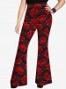 Pantalon Évasé Ceinturé avec Boutons et Cœur Bouclé Floral Grande Taille - Rouge 