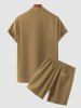 Solid Collar Single Button Shirt and Casual Shorts Set -  