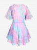 Plus Size Lace Up Net Ombre Short Sleeves Blouse and Ruched Cami Top (Adjustable Shoulder Strap) -  