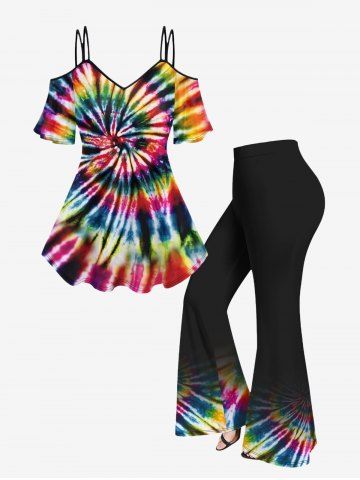 Plus Size Tie Dye Cold Shoulder T-Shirt and Flare Pants 70s 80s Outfit - MULTI