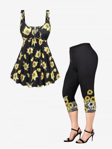Sunflower Printed Hole Knotted Buckle Cami Top and Leggings Plus Size Outfit - BLACK
