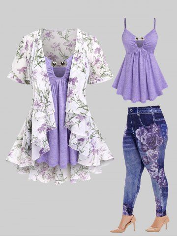 Metal Decor Cami Top and Lace Panel Floral Chiffon Ruffle Kimono Set and High Rise Floral Gym 3D Jeggings Plus Size Outfit