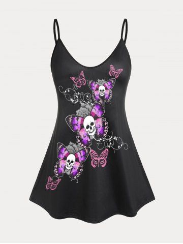 Plus Size & Curve Butterfly Skull Print Gothic Flowy Tank Top (Adjustable Straps) - BLACK - L