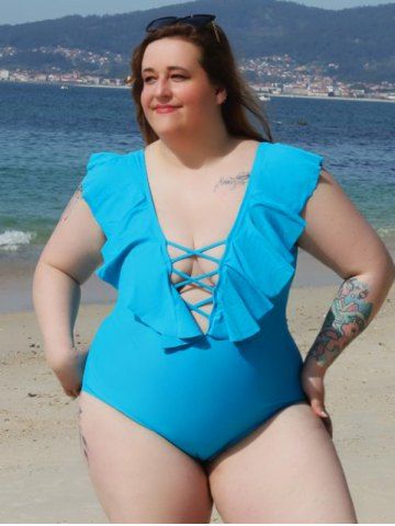 Plus Size Ruffle Lattice One-piece Swimsuit - BLUE - L