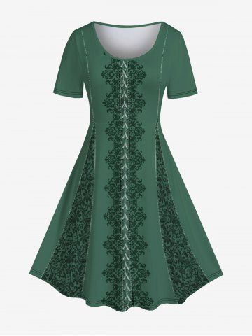 Plus Size Paisley Printed Short Sleeve Dress - DEEP GREEN - L | US 12