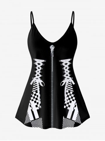 Plus Size 3D Lace Up Zipper Plaid Print Cami Top - BLACK - 2X | US 18-20