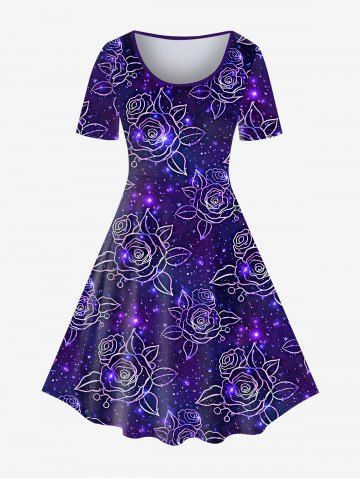 Plus Size 3D Flower Glitter Print Dress - PURPLE - L | US 12