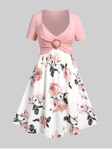 Plus Size Floral Print Crossover Twofer Cottagecore Dress - LIGHT PINK - 4X