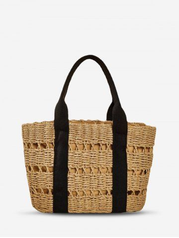 Hollow Out Straw Raffia Beach Vacation Tote Bag - COFFEE