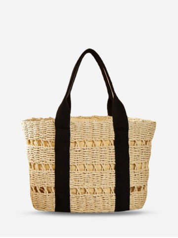 Hollow Out Straw Raffia Beach Vacation Tote Bag - BEIGE
