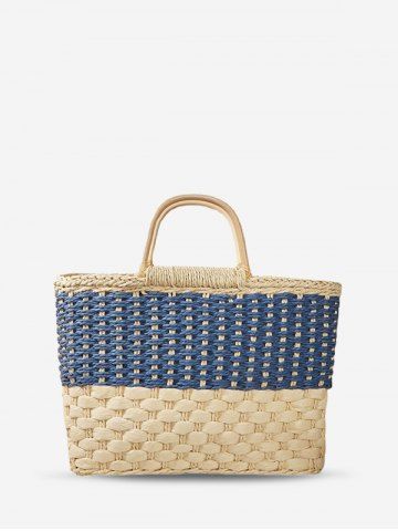 Colorblock Straw Picnic Tote Bag - NAVY BLUE