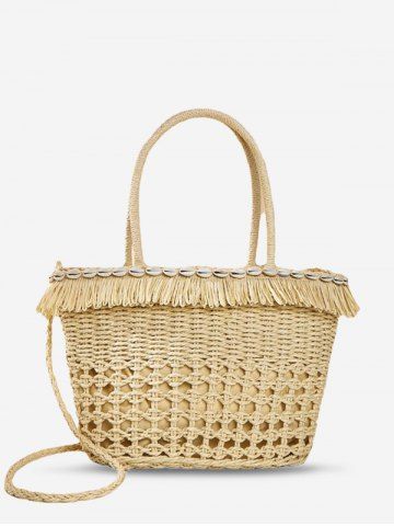 Shell Embellished Fringed Beach Vacation Straw Tote Bag - BEIGE