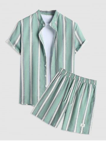 Cotton and Linen Striped Pattern Shirt and Shorts Set - GREEN - XXL