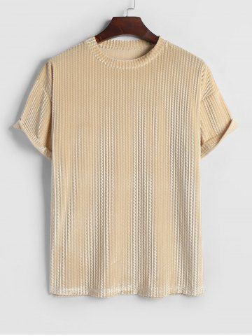 Geometric Jacquard Velour Short Sleeves T-shirt - LIGHT COFFEE - XL